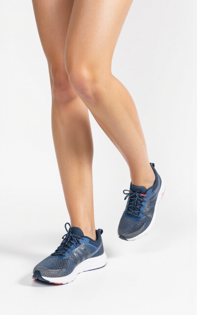 A female model wearing running shoes, against a white background, with a close   up of the feet